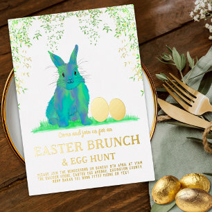 Easter Egg Hunt Brunch Cute Blue Bunny Gold