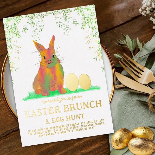 Easter Egg Hunt Brunch Cute Bunny & Eggs Gold Foil Invitation Postcard (Easter brunch egg hunt watercolor cute bunny & eggs gold foil garden party postcard invitation)