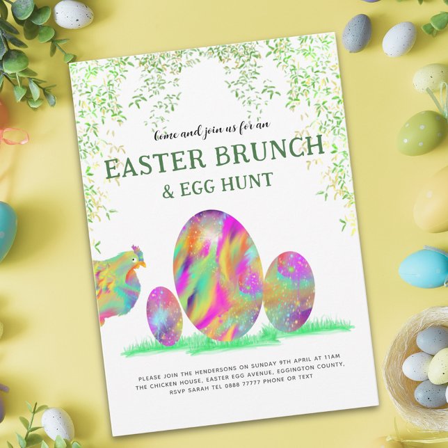 Easter Egg Hunt Brunch Cute Watercolor Invitation (Easter egg hunt brunch cute chicken colorful watercolor spring garden party invitation)