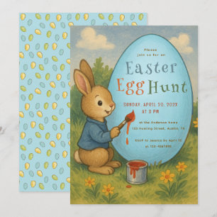Easter Egg Hunt Bunny Cute Rabbit Paints Blue Egg Invitation
