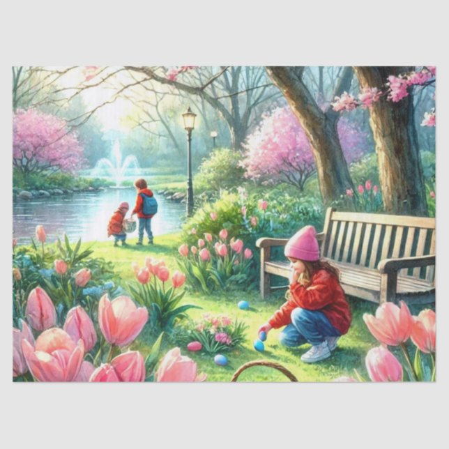 Easter Egg Hunt Children and Pink Tulips  Tissue Paper (Front)