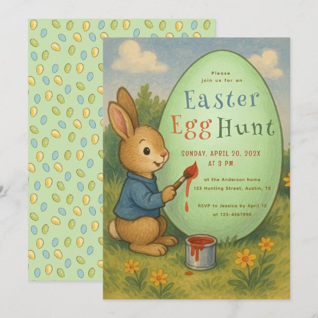 Easter Egg Hunt Cute Rabbit Bunny Paints Green Egg Invitation (Front/Back)