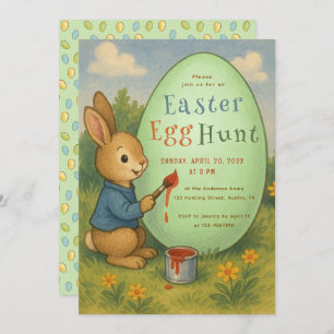 Easter Egg Hunt Cute Rabbit Bunny Paints Green Egg Invitation