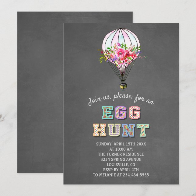 Easter EGG HUNT Floral Hot Air Balloon Invitation (Front/Back)