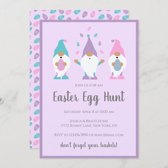 Easter Egg Hunt Gnomes Purple Invitation (Front/Back)