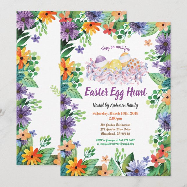 Easter egg hunt invitation. Purple flowers Invitation (Front/Back)
