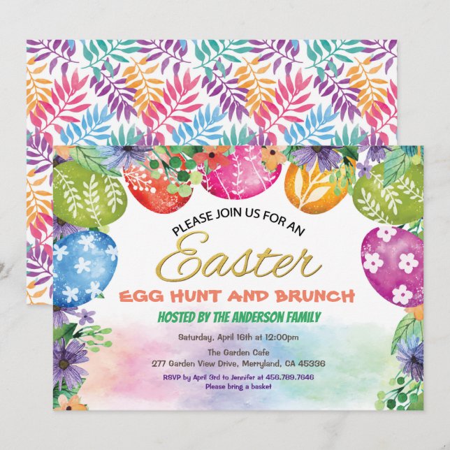 Easter egg hunt invitation. Watercolor flower Invitation (Front/Back)