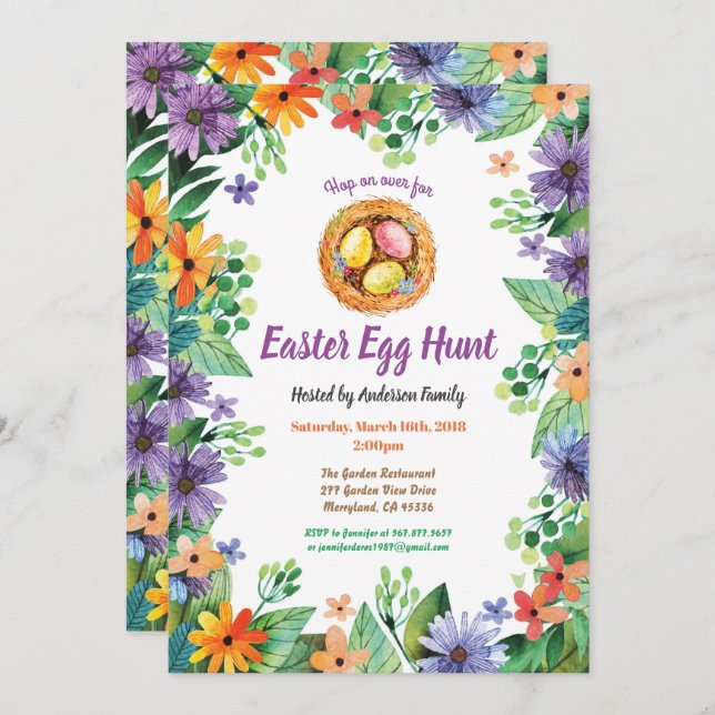 Easter egg hunt invitation. Watercolor flowers Invitation (Front/Back)