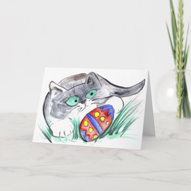 Easter Egg Hunt - Kitten finds an Egg Holiday Card (Front)