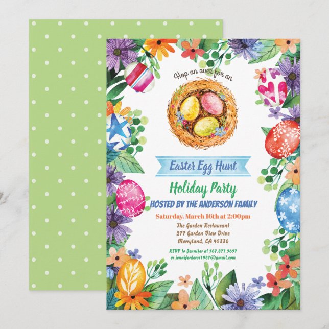 Easter egg hunt party invitation. Watercolor event Invitation (Front/Back)