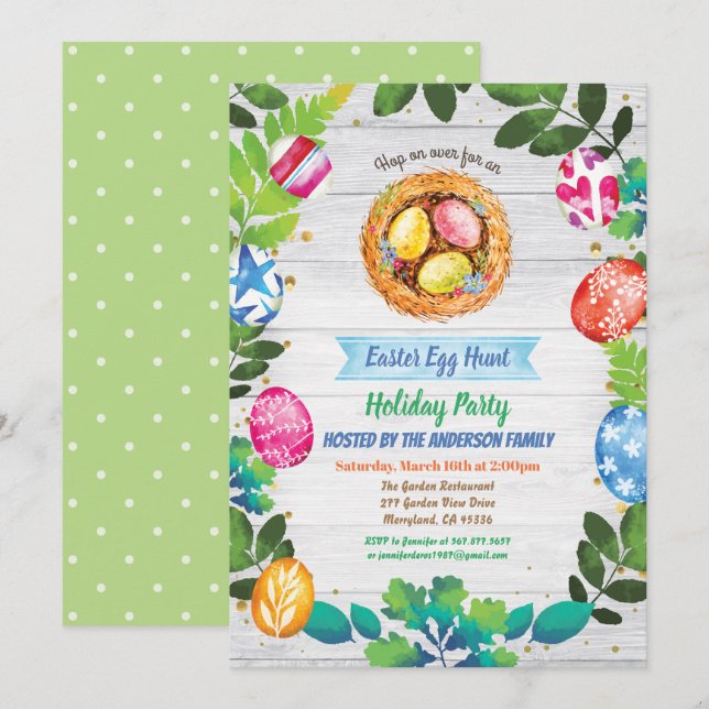 Easter egg hunt party invitation. Watercolor event Invitation (Front/Back)