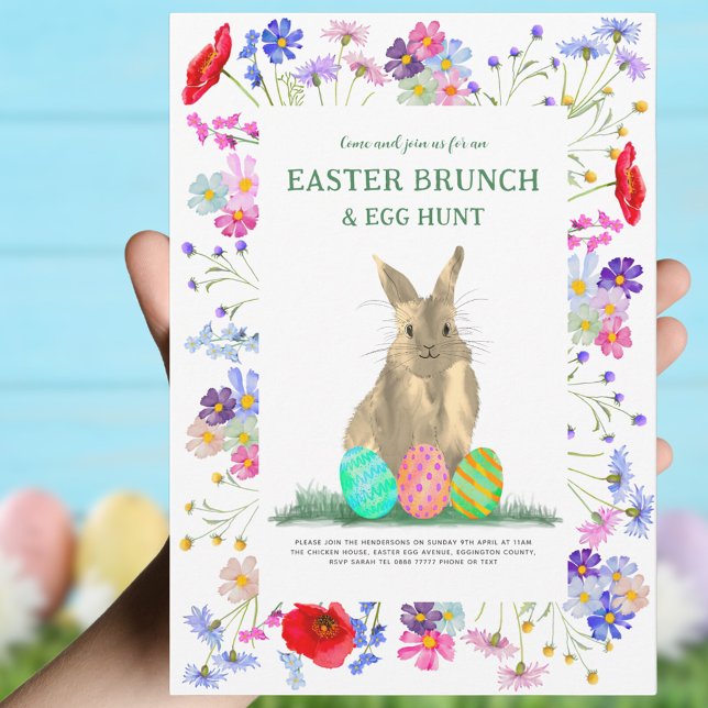 Easter Egg Hunt Spring Brunch Bunny Wildflower Invitation (Easter brunch and egg hunt cute bunny colorful wildflower watercolor floral invitation )