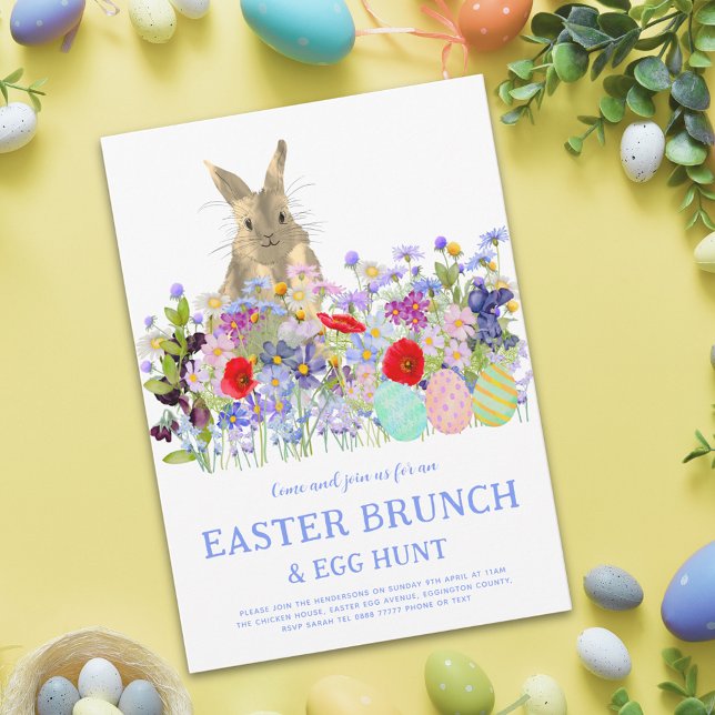 Easter Egg Hunt Spring Brunch Cute Bunny Floral Invitation (Easter egg hunt spring brunch cute Easter bunny wildflower meadow watercolor floral invitation)