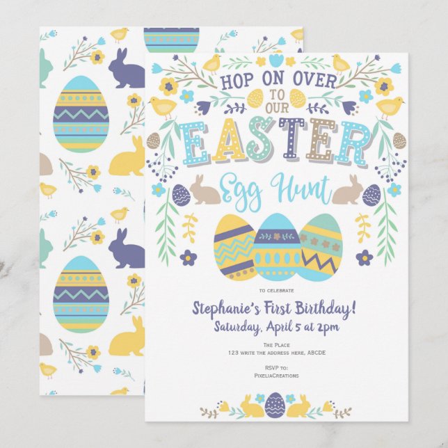 Easter egg hunt, Spring, Bunny, Girl Birthday Invitation (Front/Back)