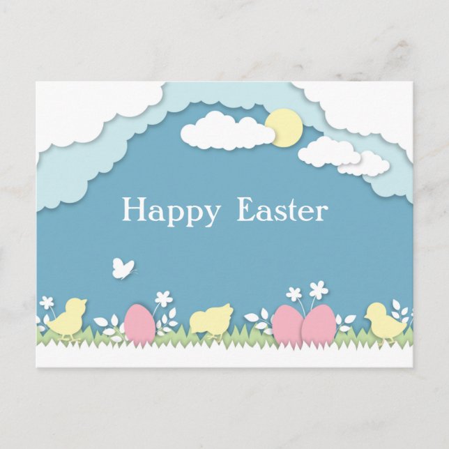 Easter egg hunt, spring holidays papercut nature postcard (Front)