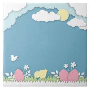 Easter egg hunt, spring holidays papercut nature tile