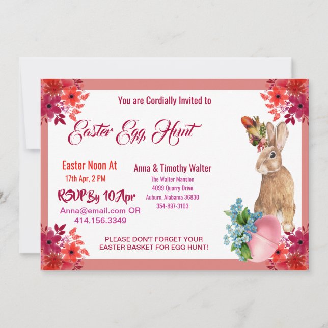 Easter Egg Hunt Watercolor Floral Bunny Invitation (Front)