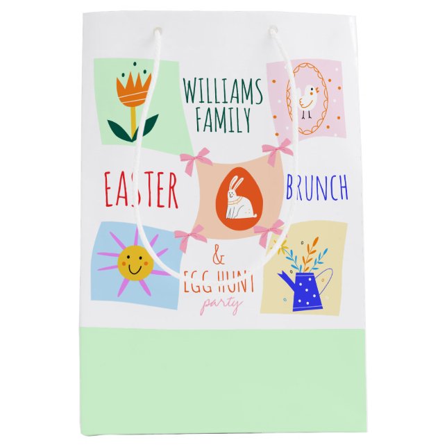 Easter Egg Hunt Wavy Chequerboard Bunny Brunch Bow Medium Gift Bag (Front)