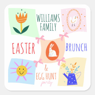 Easter Egg Hunt Wavy Chequerboard Bunny Brunch Bow Square Sticker