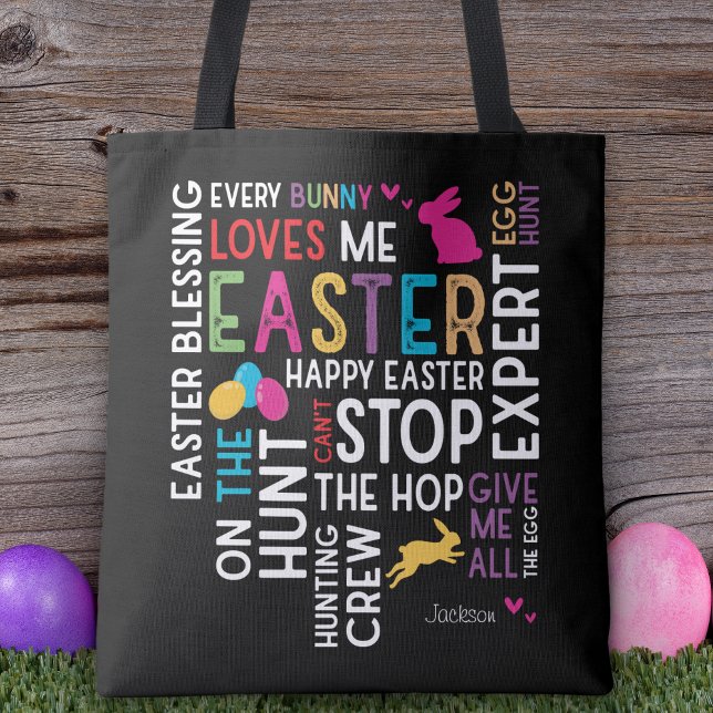 Easter Egg Hunt Word Cloud w Kid Name Year Black Tote Bag (Creator Uploaded)