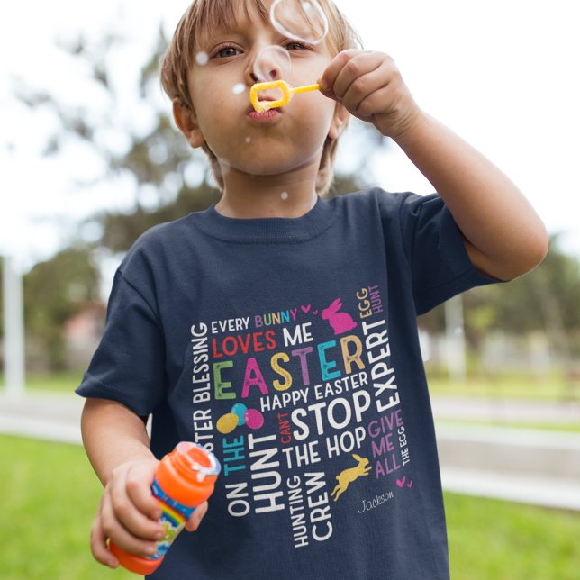 Easter Egg Hunt Word Cloud with Kid Name Blue T-Shirt (Creator Uploaded)