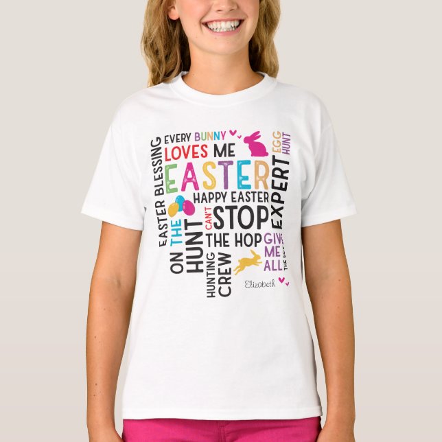 Easter Egg Hunt Word Cloud with Kid Name White T-Shirt (Front)