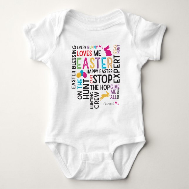 Easter Egg Hunt Word Cloud with Name White Baby Bodysuit (Front)