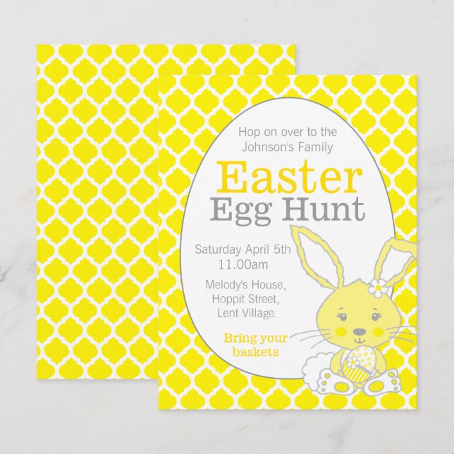 Easter egg hunt yellow grey bunny invitations (Front/Back)