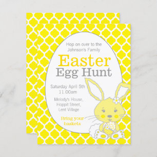 Easter egg hunt yellow grey bunny invitations