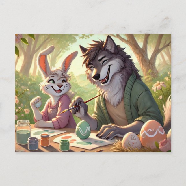 Easter Egg Painting – Wolf & Bunny Art Fun Holiday Postcard (Front)