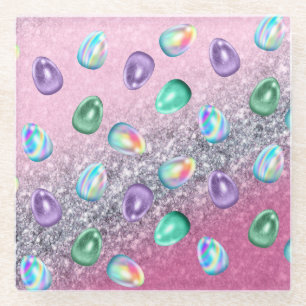Easter Egg Pink Purple Tie Dye Glitter Glam Glass Coaster