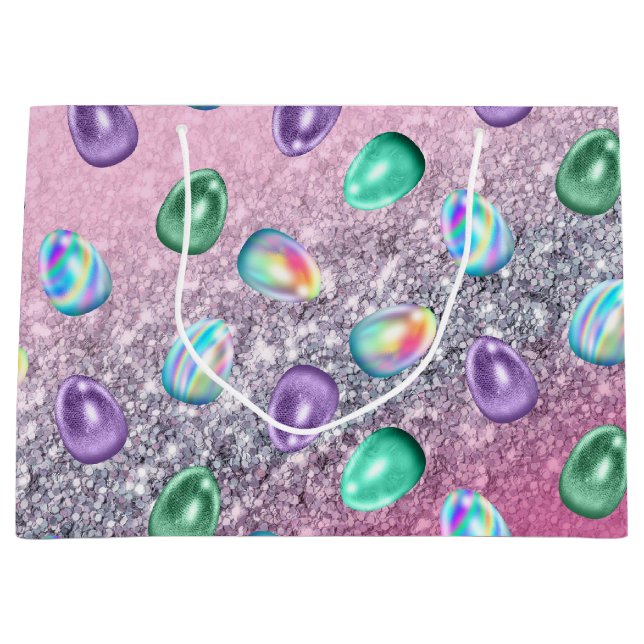 Easter Egg Pink Purple Tie Dye Glitter Glam Large Gift Bag (Front)