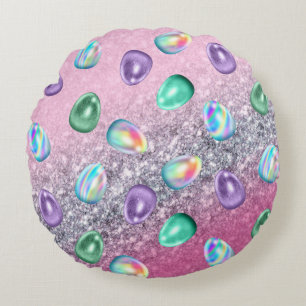 Easter Egg Pink Purple Tie Dye Glitter Glam  Round Cushion