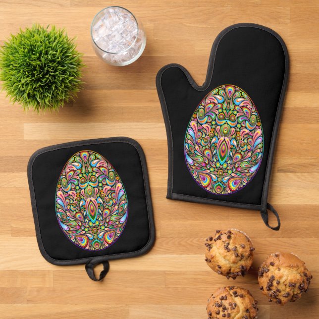Easter Egg Psychedelic Design Kids Organic T-Shirt Oven Mitt & Pot Holder Set (Top Down)