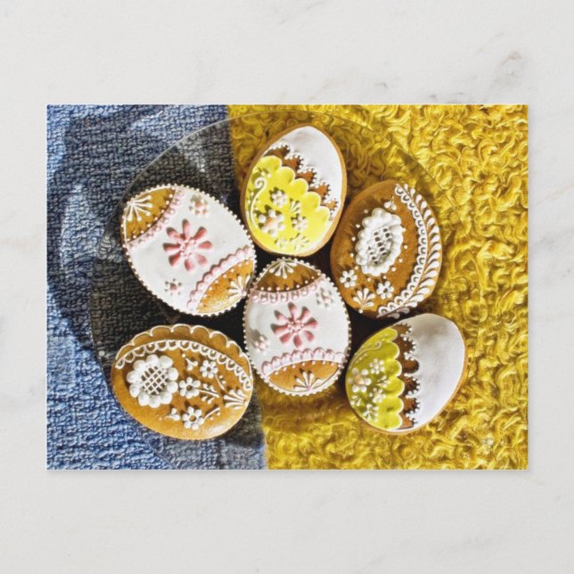 Easter Egg Shaped Biscuits On The Plate On Yellow Holiday Postcard (Front)