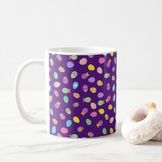 Easter Egg Style Purple Background Art Pattern Coffee Mug (With Donut)