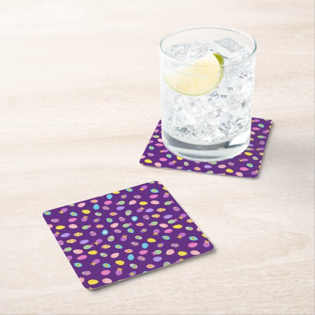 Easter Egg Style Purple Background Art Pattern Square Paper Coaster (Insitu)