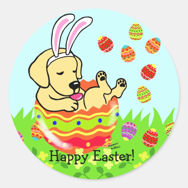 Easter Egg Yellow Labrador Puppy Cartoon Classic Round Sticker (Front)