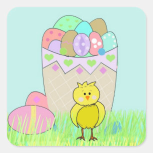 Easter Eggs and Baby Chick Square Sticker