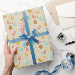 Easter eggs and colourful chicken wrapping paper