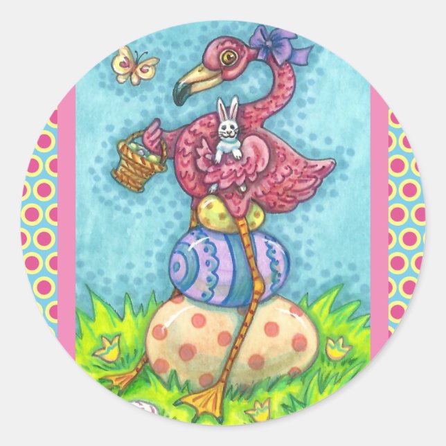 EASTER EGGS AND CUTE BABY PINK FLAMINGO WITH BUNNY CLASSIC ROUND STICKER (Front)