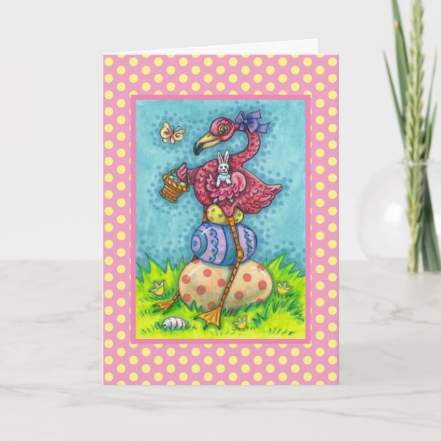 EASTER EGGS AND CUTE BABY PINK FLAMINGO WITH BUNNY HOLIDAY CARD (Front)