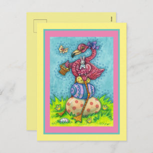 EASTER EGGS AND CUTE BABY PINK FLAMINGO WITH BUNNY HOLIDAY POSTCARD