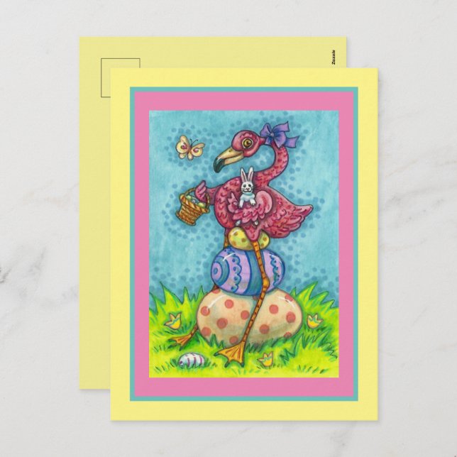 EASTER EGGS AND CUTE BABY PINK FLAMINGO WITH BUNNY HOLIDAY POSTCARD (Front/Back)