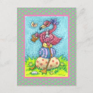 EASTER EGGS AND CUTE BABY PINK FLAMINGO WITH BUNNY POSTCARD