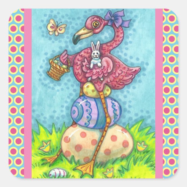 EASTER EGGS AND CUTE BABY PINK FLAMINGO WITH BUNNY SQUARE STICKER (Front)