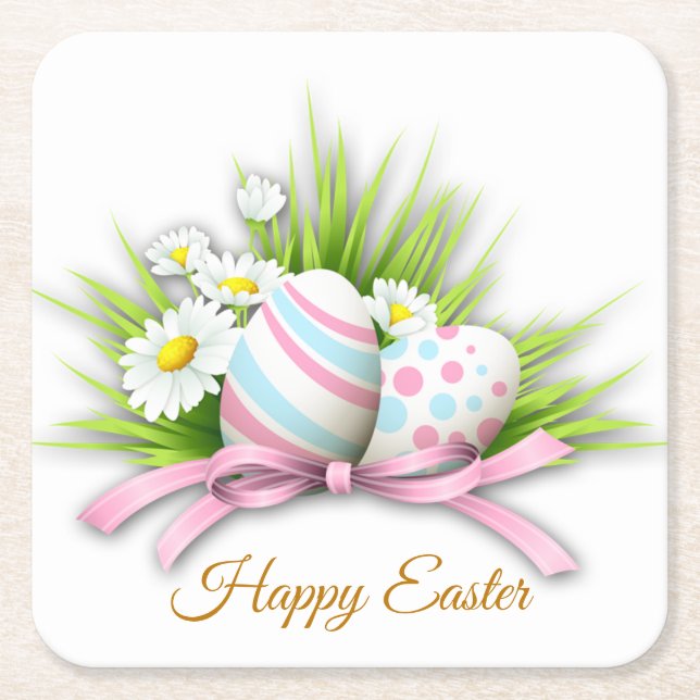Easter eggs and daisy square paper coaster (Front)