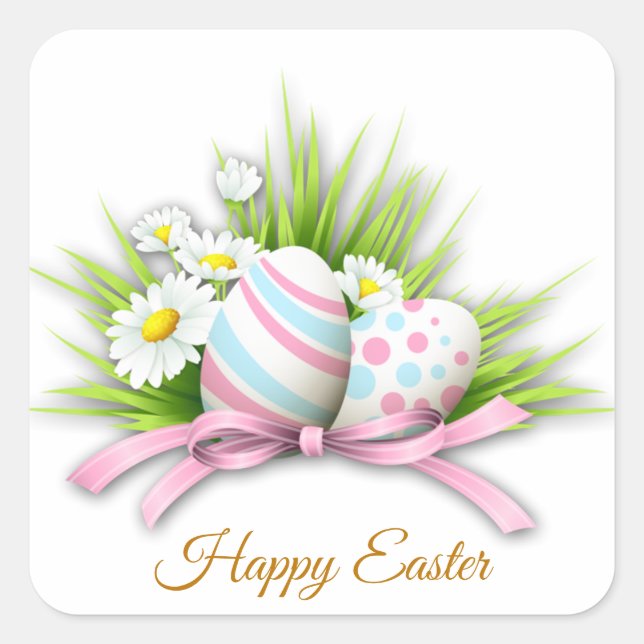 Easter eggs and daisy square sticker (Front)