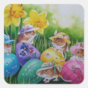 Easter Eggs and Field Mice Watercolor Art Square Sticker