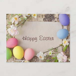 Easter Eggs and Note on Wooden Background Holiday Postcard